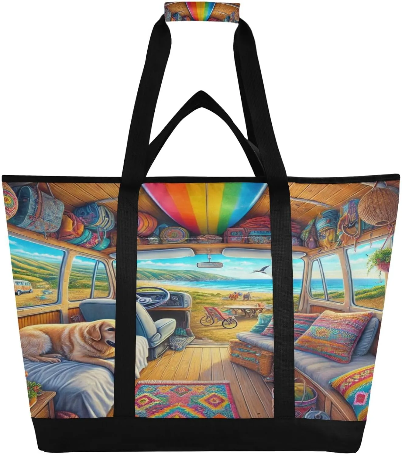 Beach Camping Car Tote Bag for Women with Zipper Reusable Grocery Bags Foldable Insulated Cooler Bag Shopping Bags Totes Handbags for Groceries Work Picnic Travel Beach