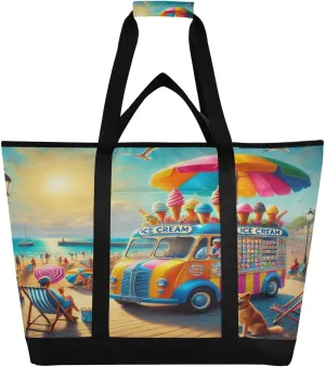 Beach Cream Truck Tote Bag for Women with Zipper Reusable Grocery Bags Foldable Insulated Cooler Bag Shopping Bags Totes Handbags for Groceries Travel Beach Work Picnic