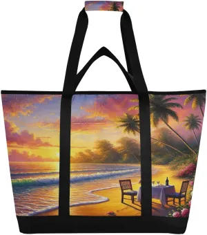Beach Sunset Table Tote Bag for Women with Zipper Reusable Grocery Bags Foldable Insulated Cooler Bag Handbags Shopping Bags Totes for Groceries Picnic Travel Work Beach