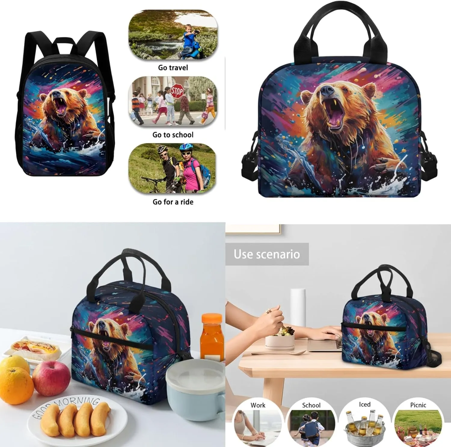Bear Boys Backpack with Lunch Box Water Bottle for 1St 2Nd Kids Cool School Bag,Tie Dye Bookbag for Age 4-9 Children Book Bags 3 Pcs Set for Back to School