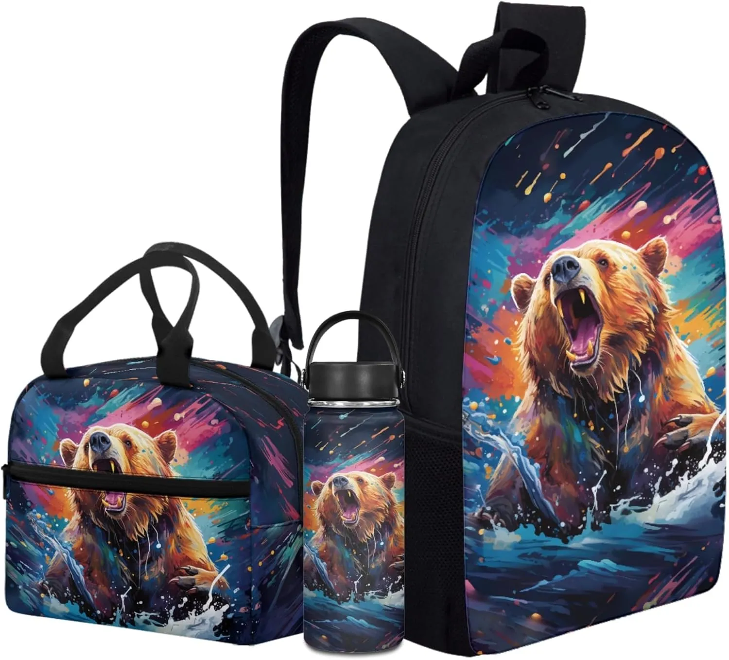 Bear Boys Backpack with Lunch Box Water Bottle for 1St 2Nd Kids Cool School Bag,Tie Dye Bookbag for Age 4-9 Children Book Bags 3 Pcs Set for Back to School