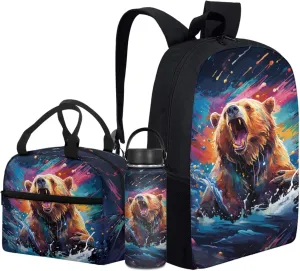 Bear Boys Backpack with Lunch Box Water Bottle for 1St 2Nd Kids Cool School Bag,Tie Dye Bookbag for Age 4-9 Children Book Bags 3 Pcs Set for Back to School