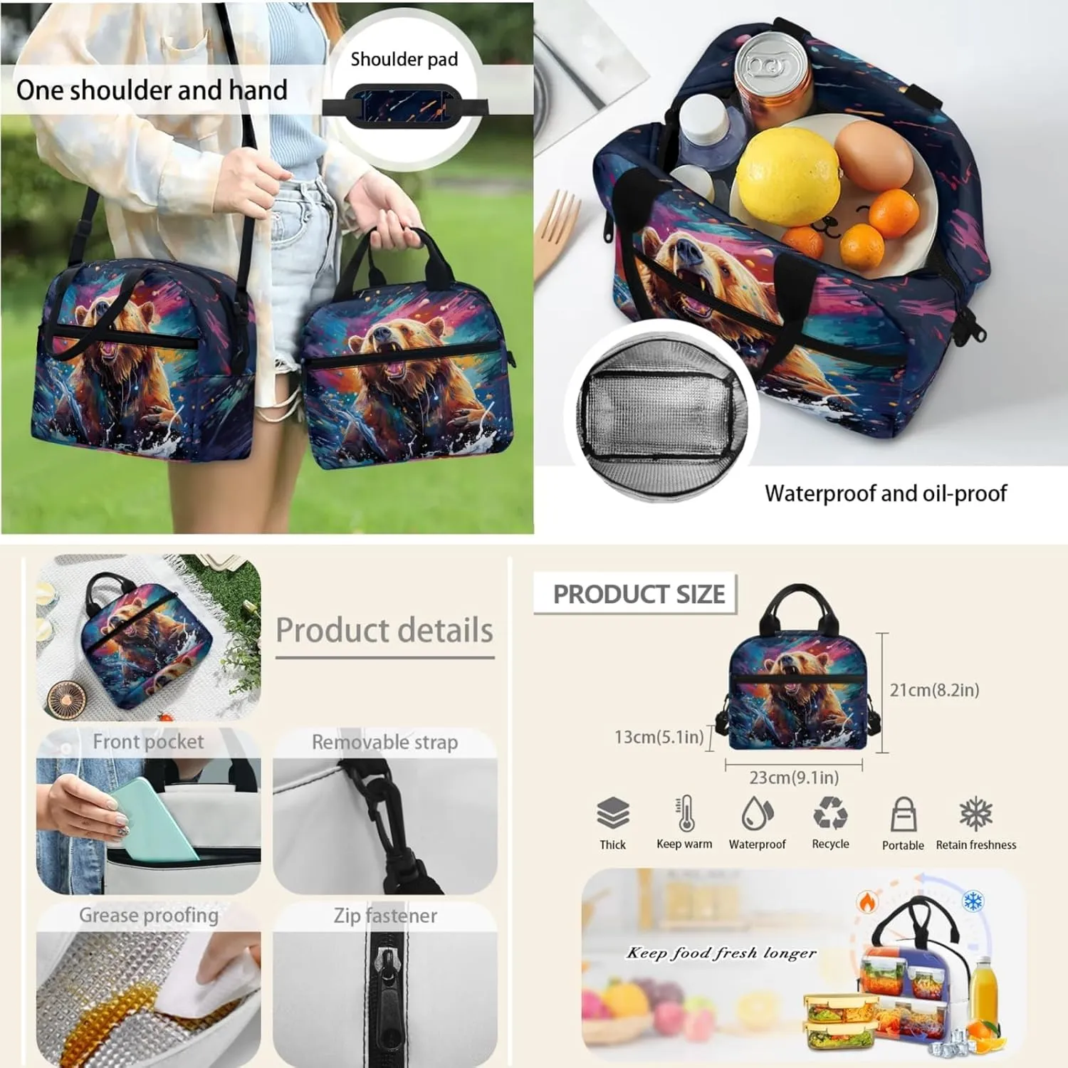 Bear Boys Backpack with Lunch Box Water Bottle for 1St 2Nd Kids Cool School Bag,Tie Dye Bookbag for Age 4-9 Children Book Bags 3 Pcs Set for Back to School