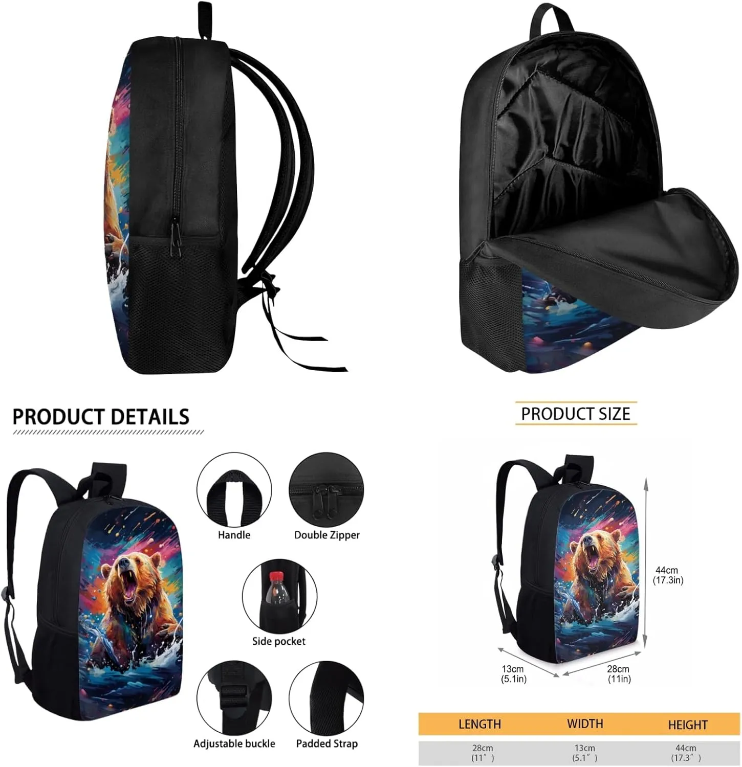 Bear Boys Backpack with Lunch Box Water Bottle for 1St 2Nd Kids Cool School Bag,Tie Dye Bookbag for Age 4-9 Children Book Bags 3 Pcs Set for Back to School