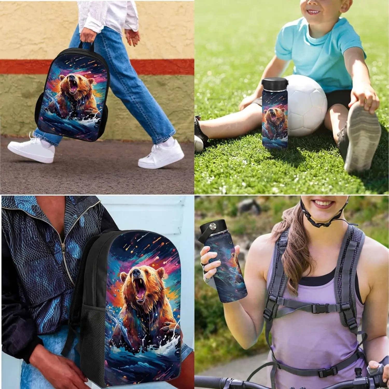 Bear Boys Backpack with Lunch Box Water Bottle for 1St 2Nd Kids Cool School Bag,Tie Dye Bookbag for Age 4-9 Children Book Bags 3 Pcs Set for Back to School