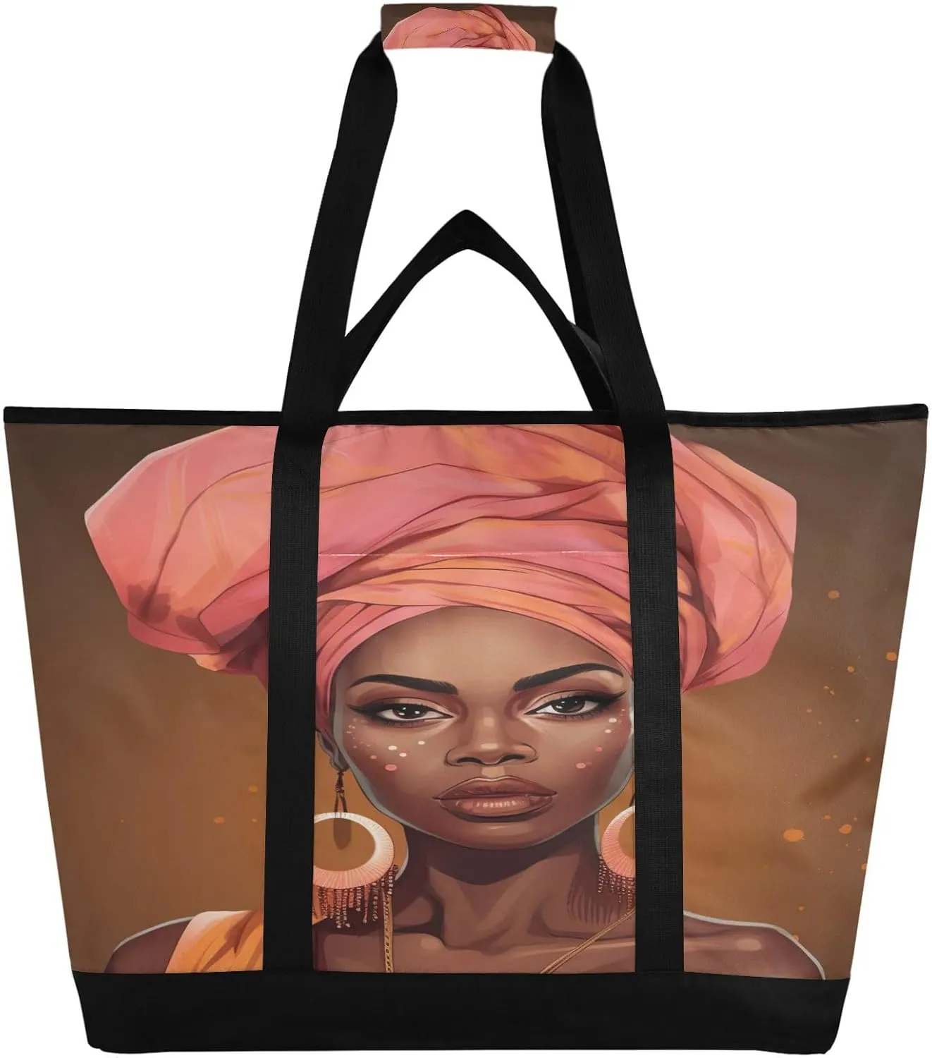 Beauty African Woman Tote Bag for Women with Zipper Reusable Grocery Bags Foldable Insulated Cooler Bag Shopping Bags Totes Handbags for Groceries Work Picnic Travel Beach