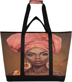 Beauty African Woman Tote Bag for Women with Zipper Reusable Grocery Bags Foldable Insulated Cooler Bag Shopping Bags Totes Handbags for Groceries Work Picnic Travel Beach