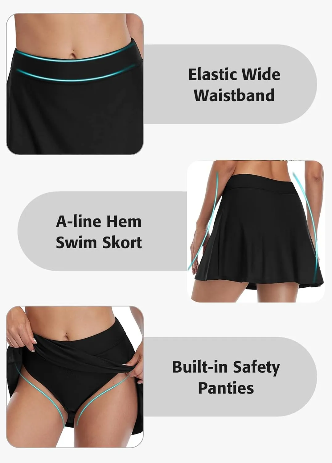 beautyin Women's Solid Swim Skirt Build-in Brief Tummy Control Tankini Bottoms