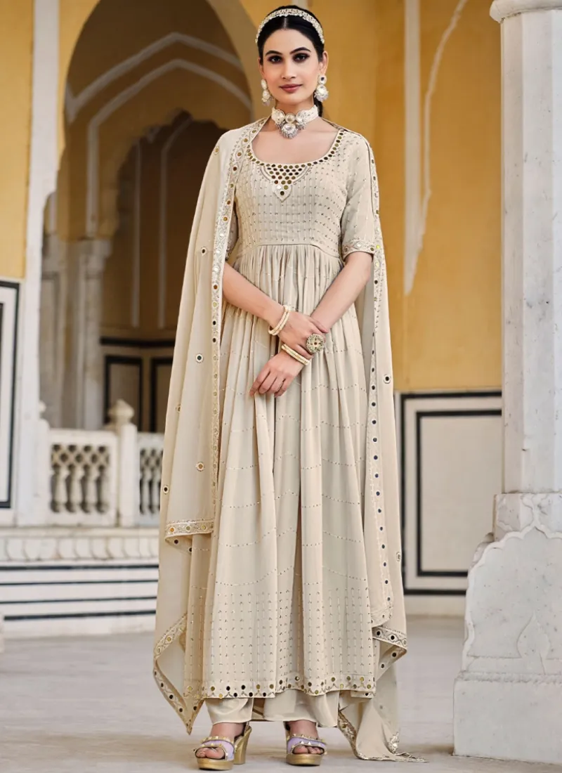 Beige Georgette Mirror Work Palazzo Suit With Dupatta