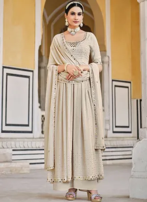 Beige Georgette Mirror Work Palazzo Suit With Dupatta