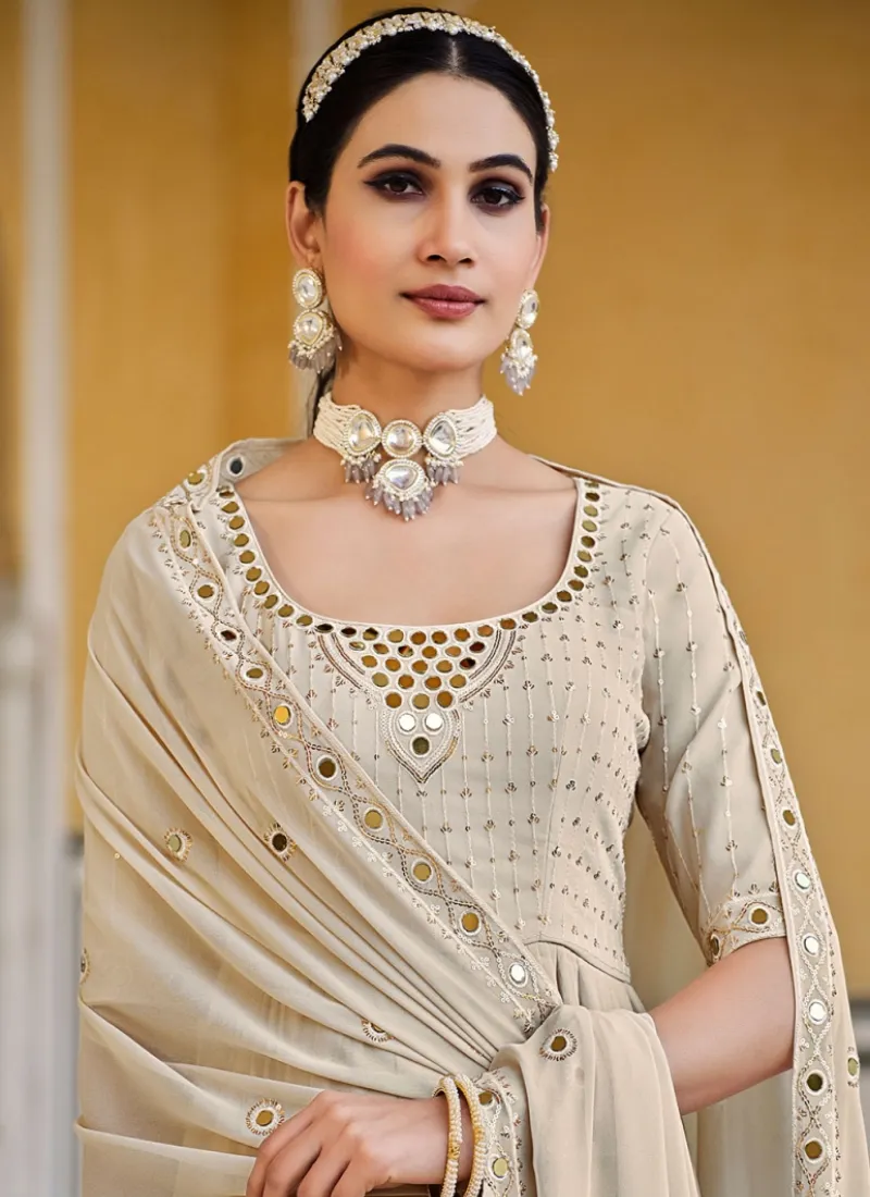 Beige Georgette Mirror Work Palazzo Suit With Dupatta