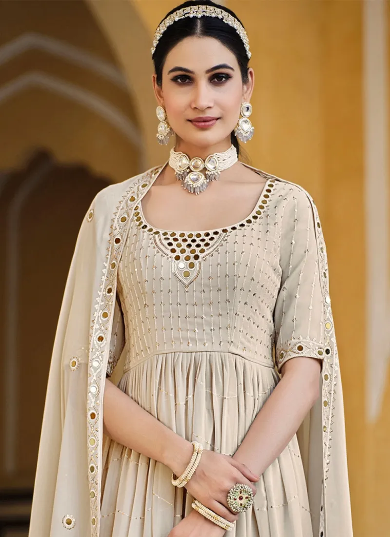 Beige Georgette Mirror Work Palazzo Suit With Dupatta