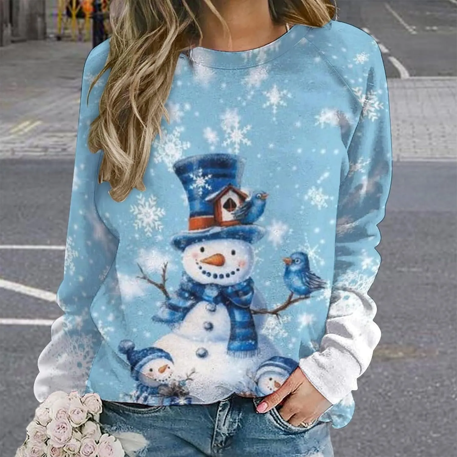 Bengbobar Womens Casual Floral Print Long Sleeve Sweatshirt Oversized Loose Pullover Sweaters Crewneck Daily Wear Tops