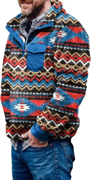 Beotyshow Mens Aztec Fleece Jackets Fuzzy Sherpa Pullover Sweatshirts Winter Coats Western Vintage Sweaters with Pocket