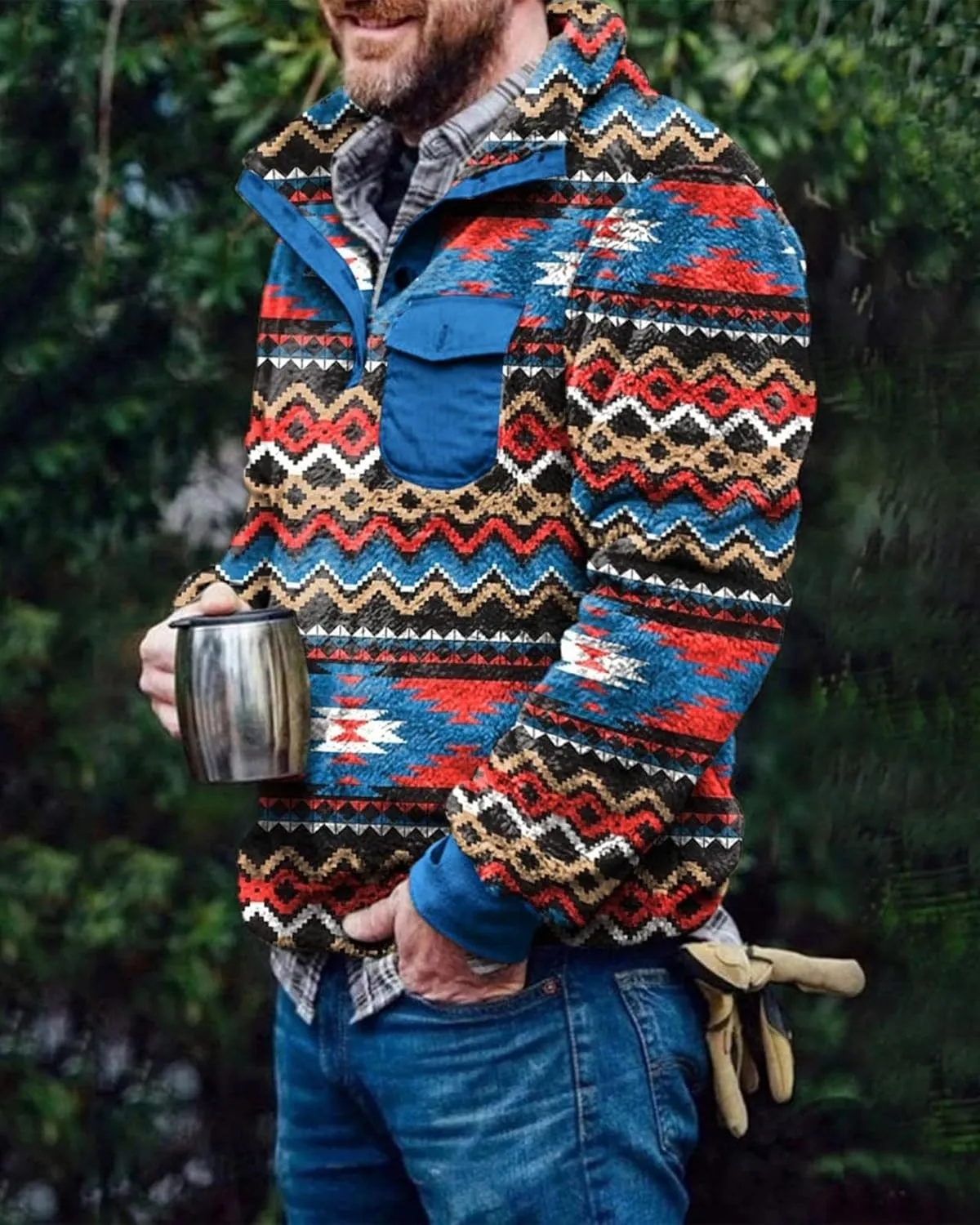 Beotyshow Mens Aztec Fleece Jackets Fuzzy Sherpa Pullover Sweatshirts Winter Coats Western Vintage Sweaters with Pocket