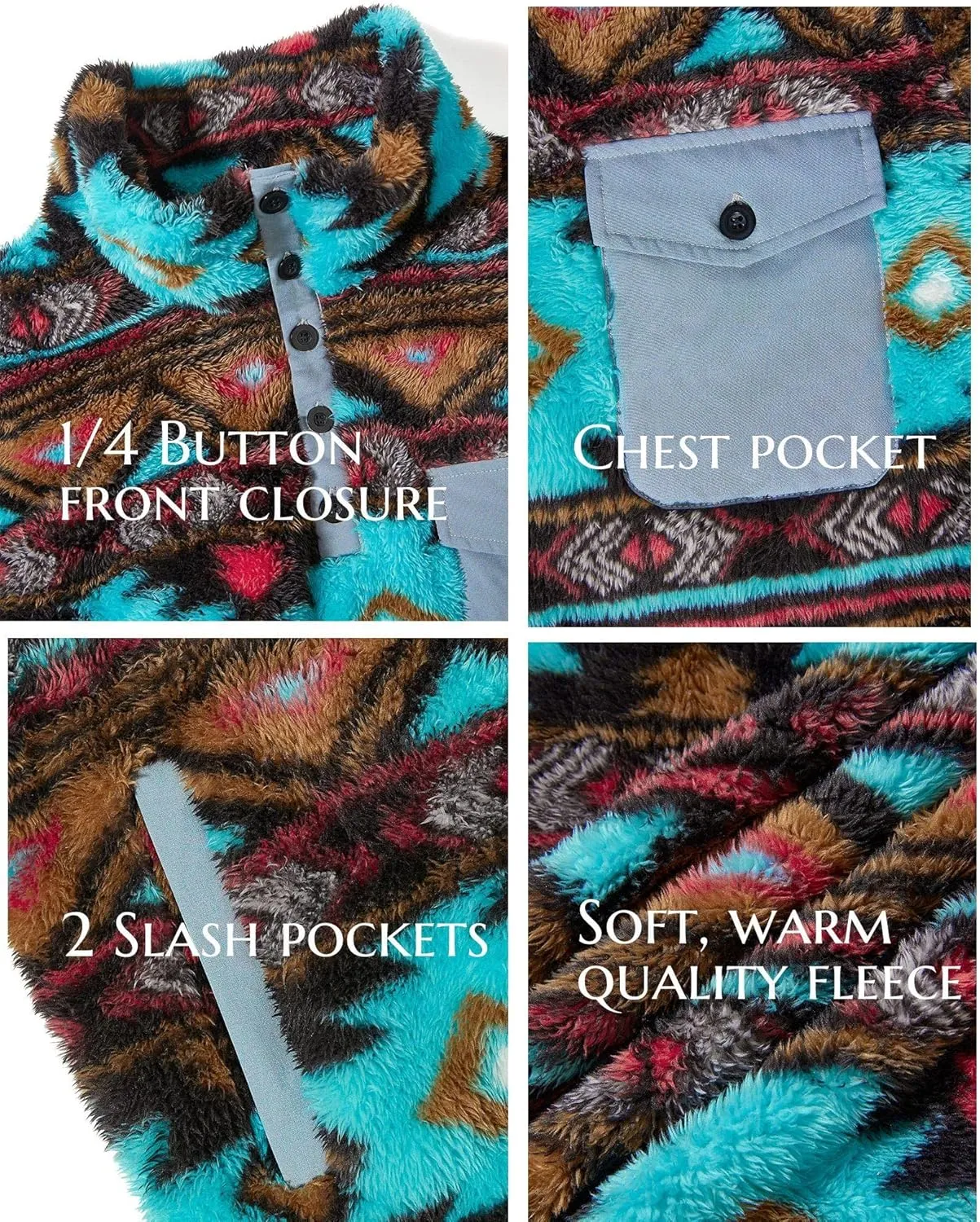 Beotyshow Mens Aztec Fleece Jackets Fuzzy Sherpa Pullover Sweatshirts Winter Coats Western Vintage Sweaters with Pocket