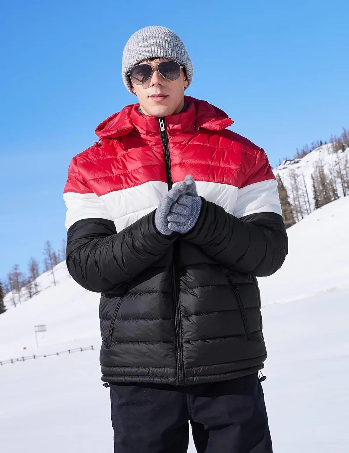 BEST SOUTH Men's Winter Puffer Jacket Hooded Puffy Fleece Warm Lightweight Coat Outerwear Cold Weather