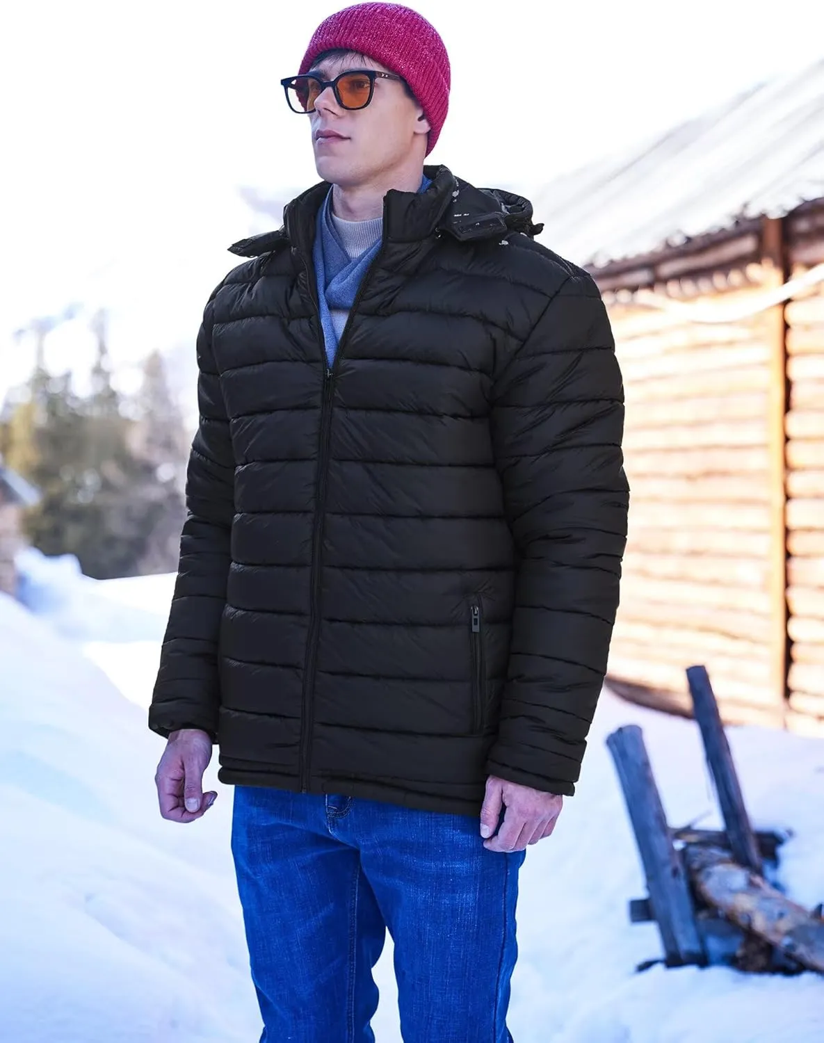 BEST SOUTH Men's Winter Puffer Jacket Hooded Puffy Fleece Warm Lightweight Coat Outerwear Cold Weather