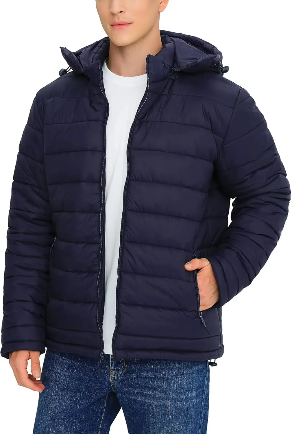 BEST SOUTH Men's Winter Puffer Jacket Hooded Puffy Fleece Warm Lightweight Coat Outerwear Cold Weather