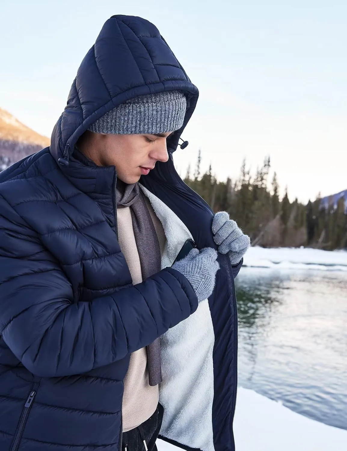 BEST SOUTH Men's Winter Puffer Jacket Hooded Puffy Fleece Warm Lightweight Coat Outerwear Cold Weather
