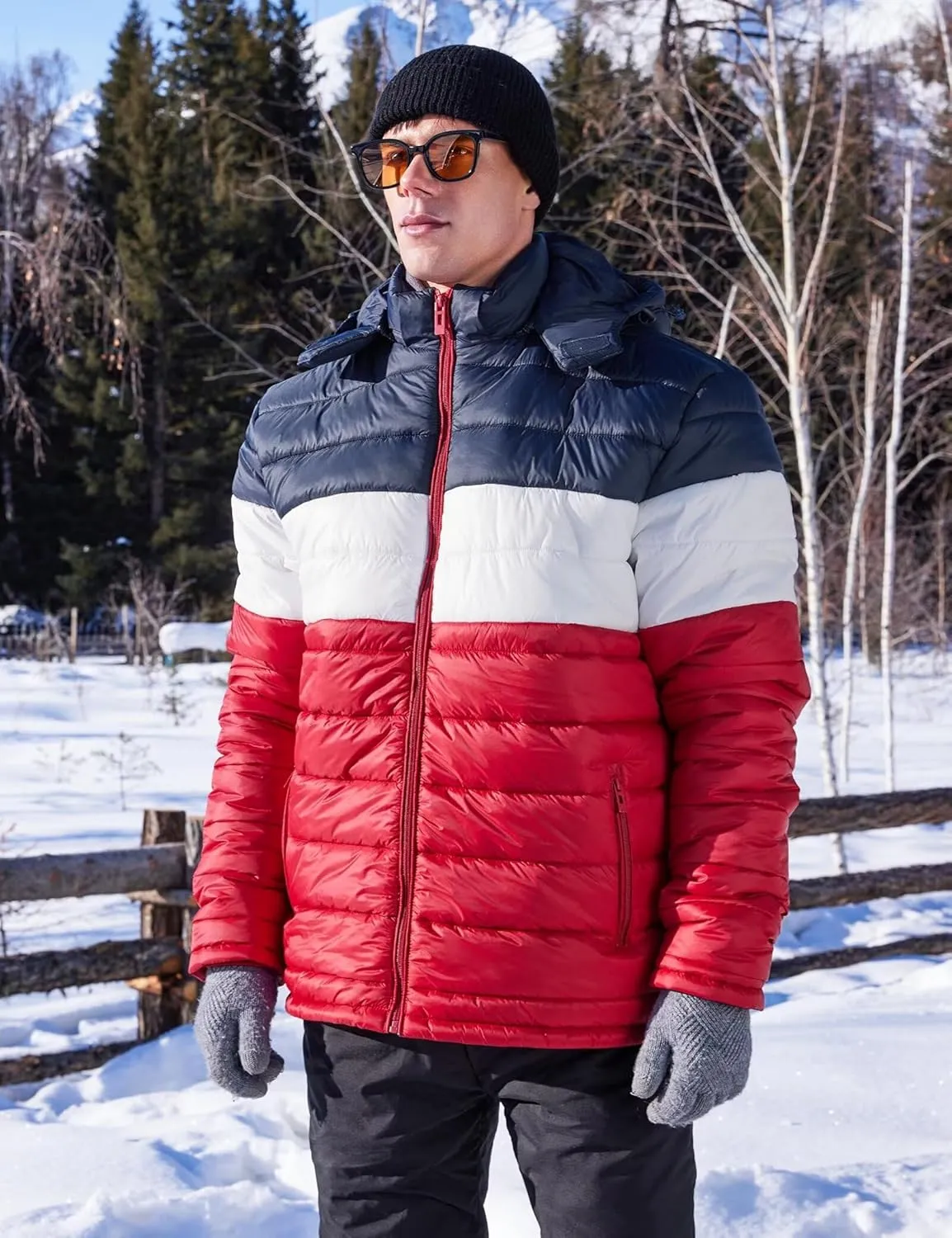 BEST SOUTH Men's Winter Puffer Jacket Hooded Puffy Fleece Warm Lightweight Coat Outerwear Cold Weather