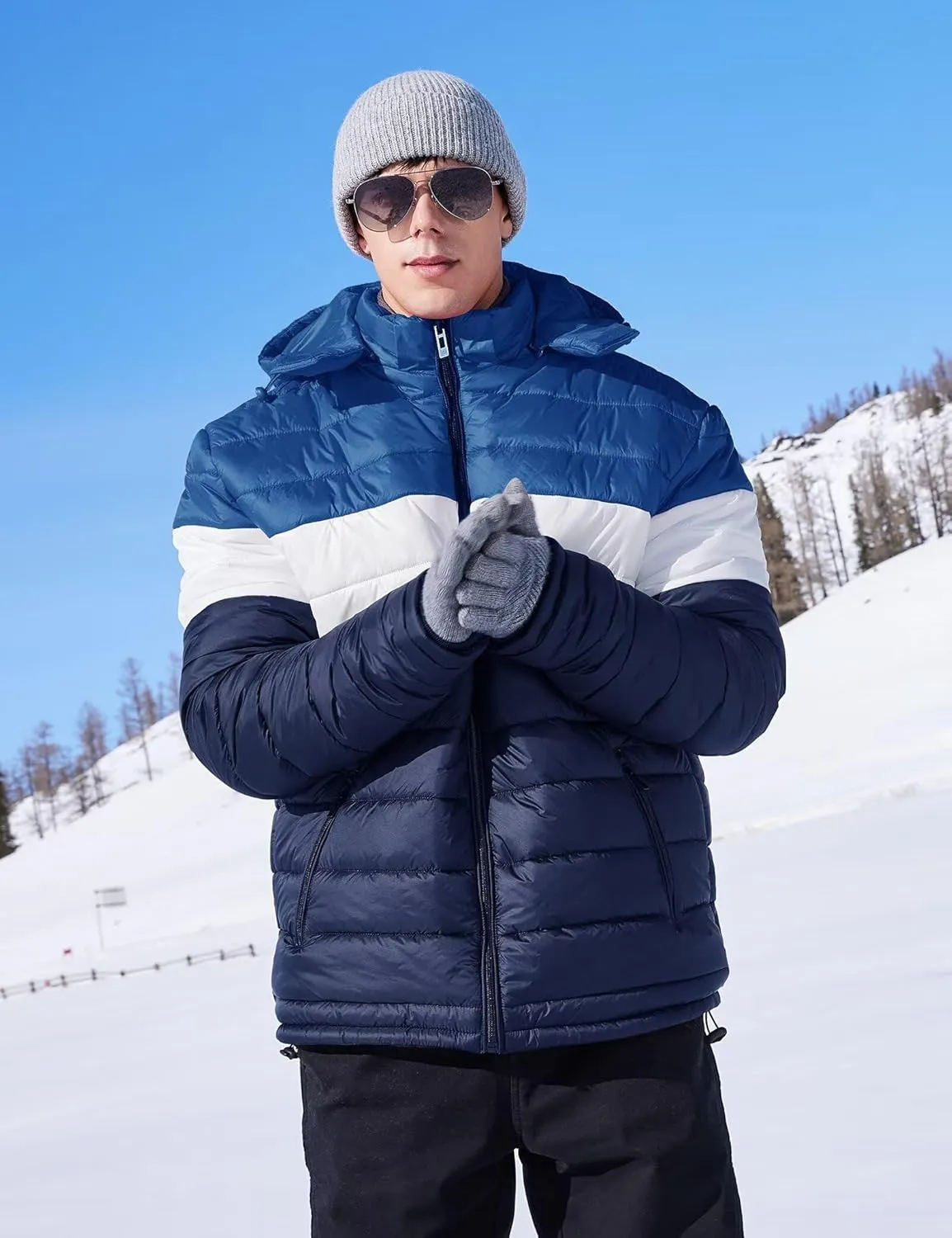 BEST SOUTH Men's Winter Puffer Jacket Hooded Puffy Fleece Warm Lightweight Coat Outerwear Cold Weather