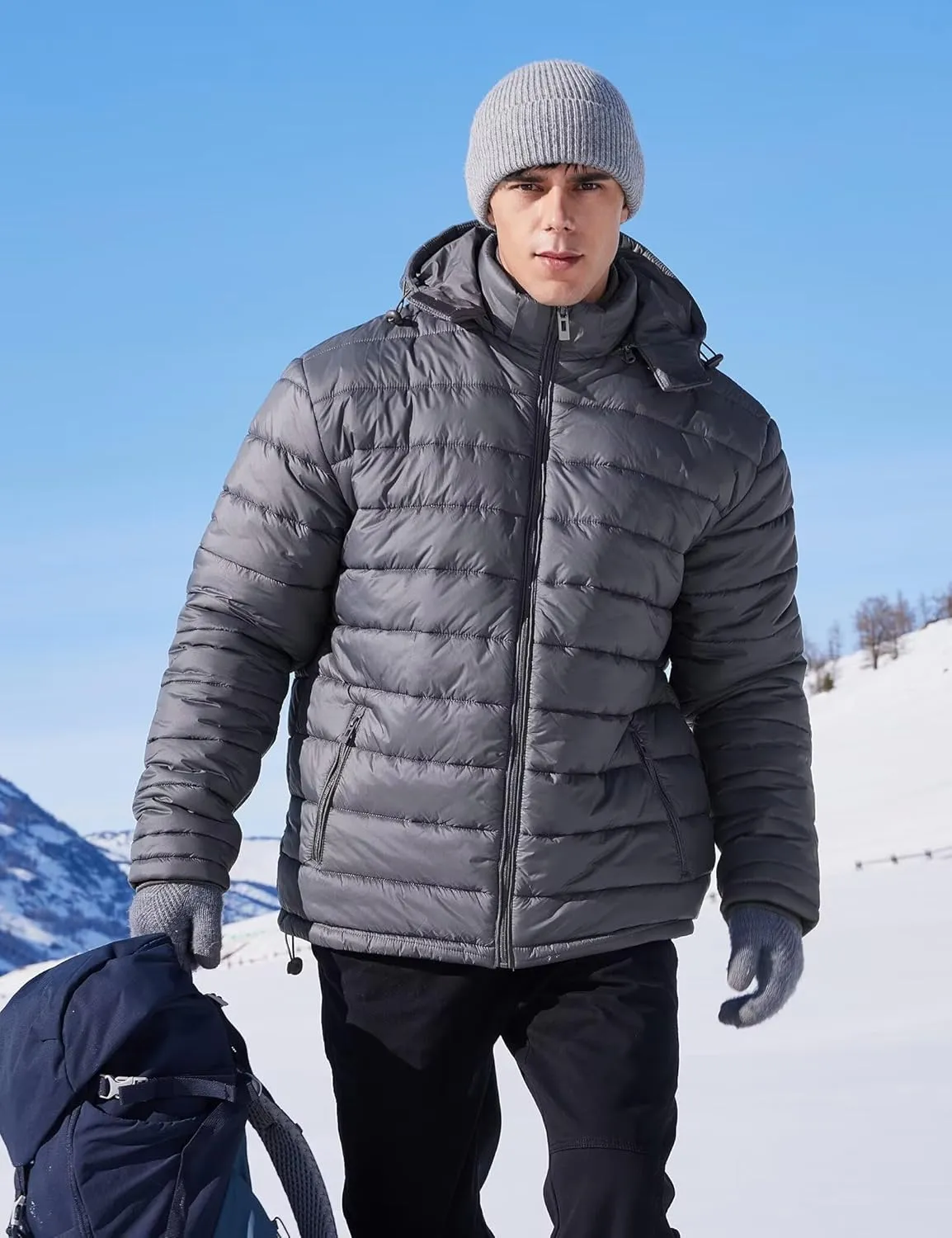 BEST SOUTH Men's Winter Puffer Jacket Hooded Puffy Fleece Warm Lightweight Coat Outerwear Cold Weather