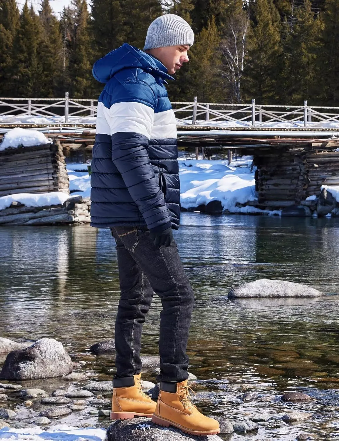 BEST SOUTH Men's Winter Puffer Jacket Hooded Puffy Fleece Warm Lightweight Coat Outerwear Cold Weather