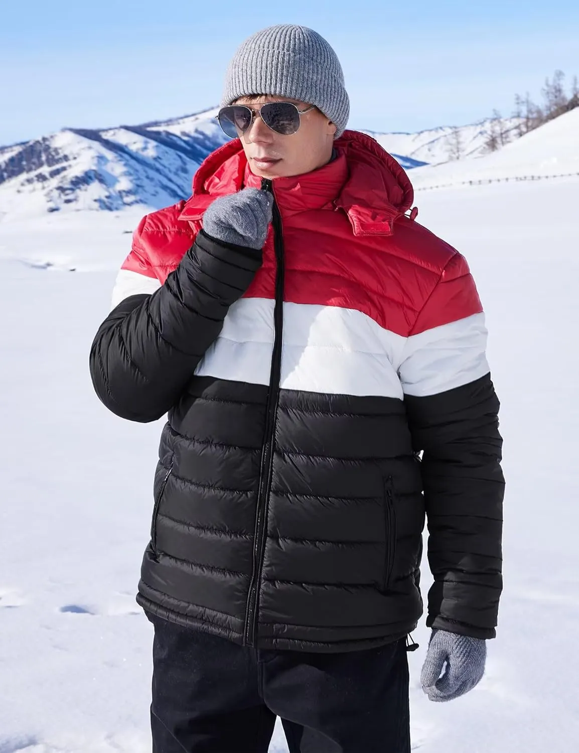 BEST SOUTH Men's Winter Puffer Jacket Hooded Puffy Fleece Warm Lightweight Coat Outerwear Cold Weather