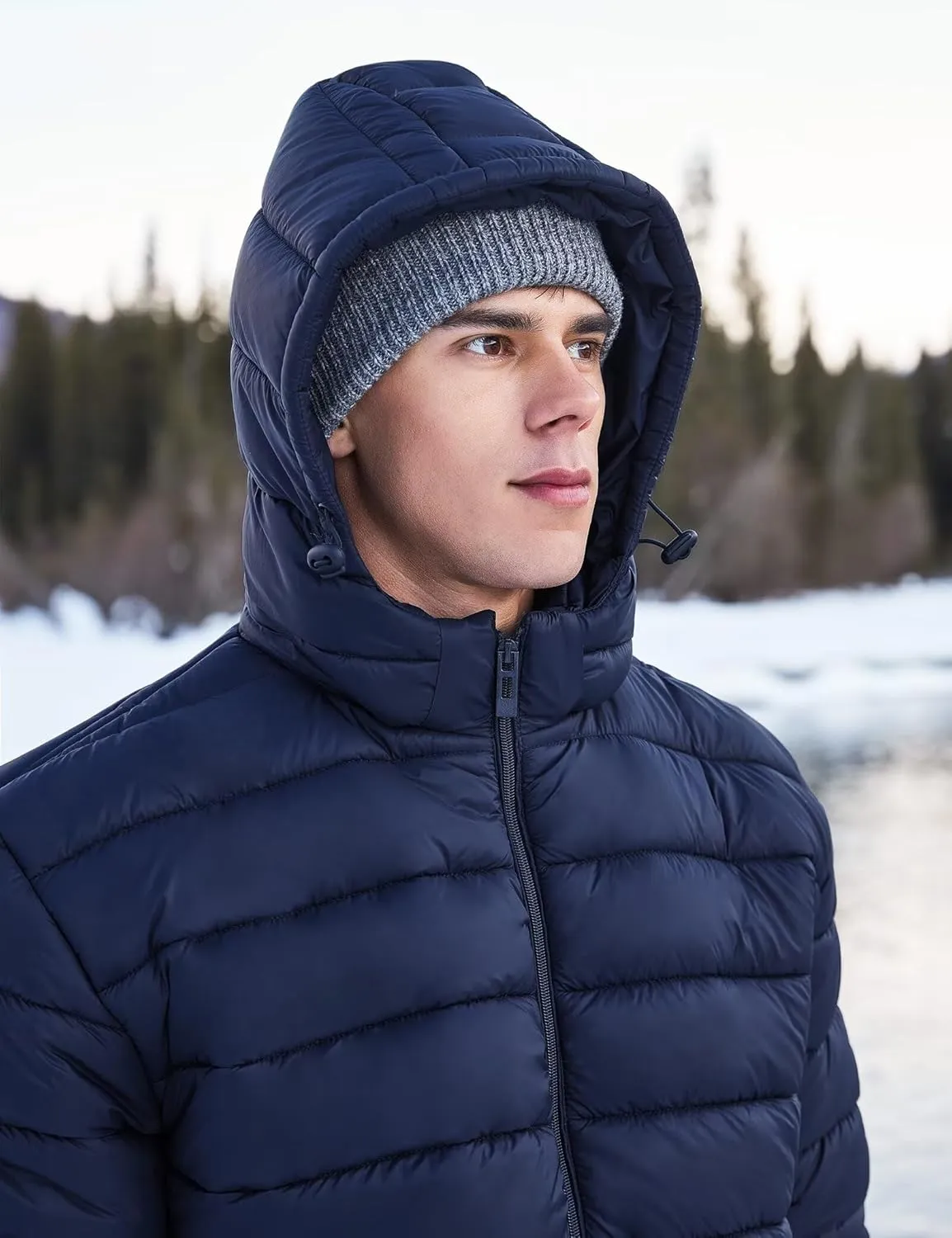 BEST SOUTH Men's Winter Puffer Jacket Hooded Puffy Fleece Warm Lightweight Coat Outerwear Cold Weather