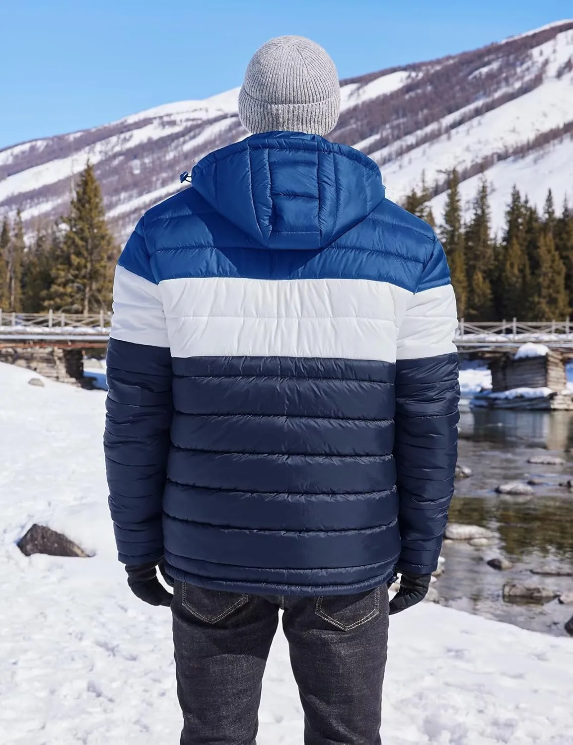 BEST SOUTH Men's Winter Puffer Jacket Hooded Puffy Fleece Warm Lightweight Coat Outerwear Cold Weather