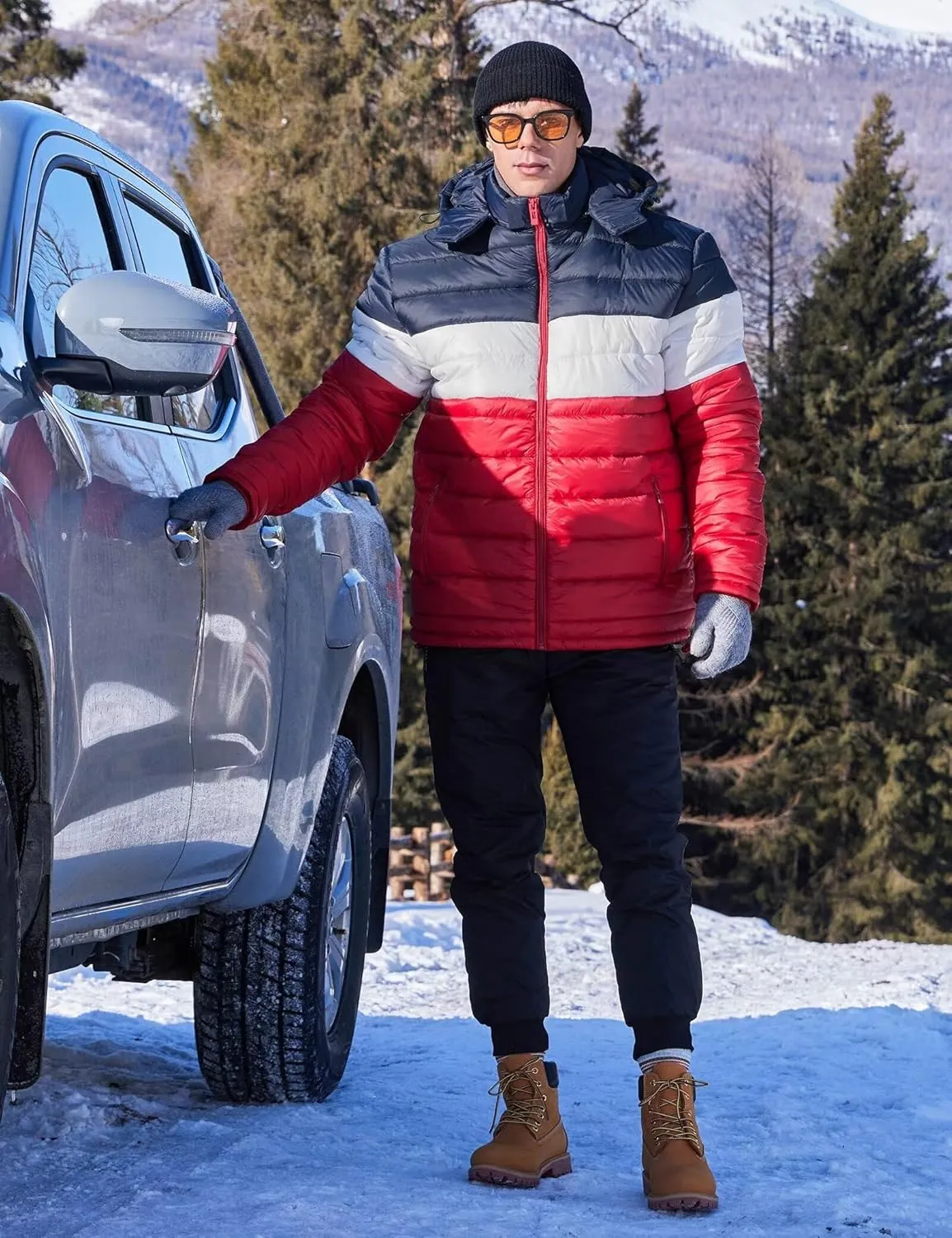 BEST SOUTH Men's Winter Puffer Jacket Hooded Puffy Fleece Warm Lightweight Coat Outerwear Cold Weather