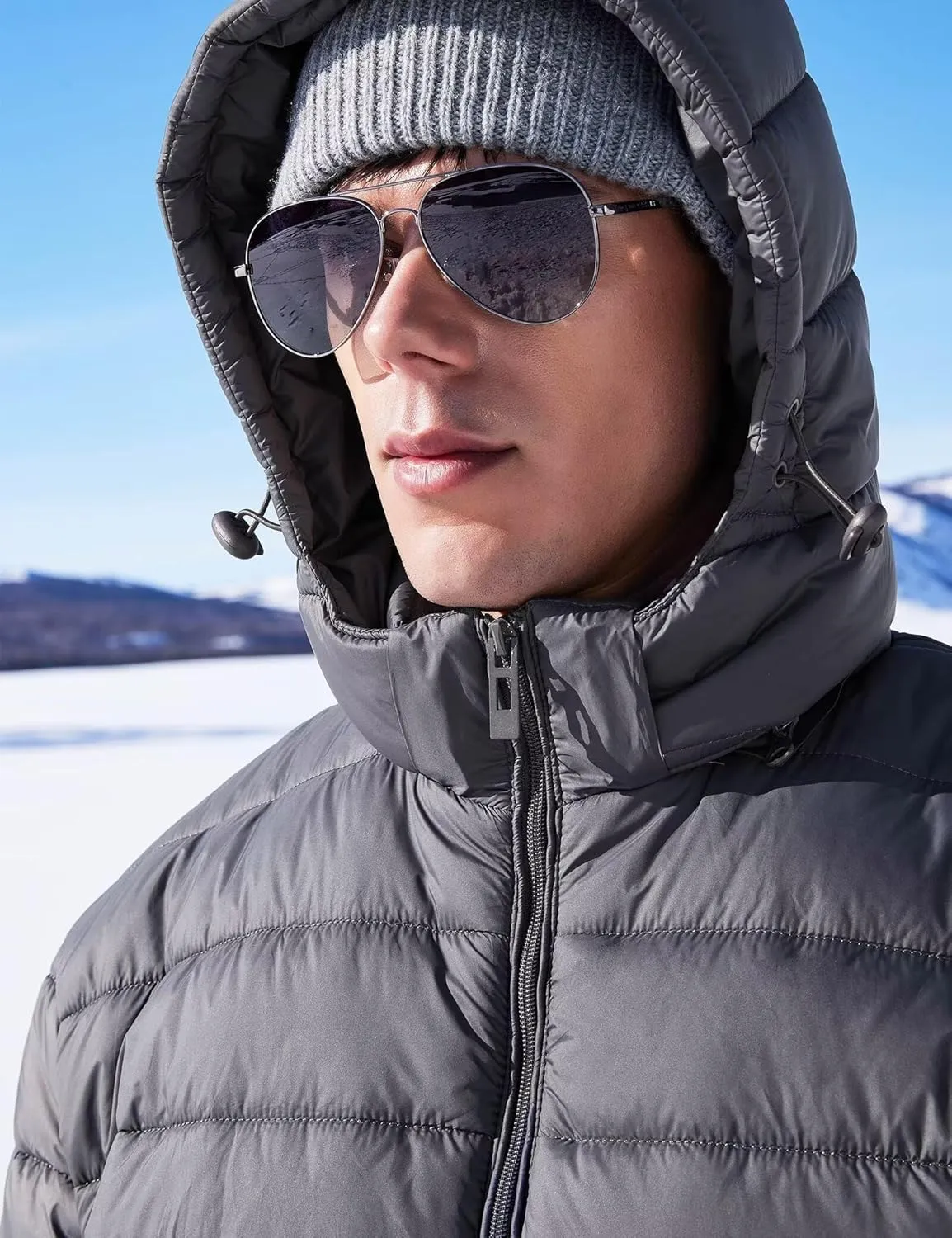 BEST SOUTH Men's Winter Puffer Jacket Hooded Puffy Fleece Warm Lightweight Coat Outerwear Cold Weather