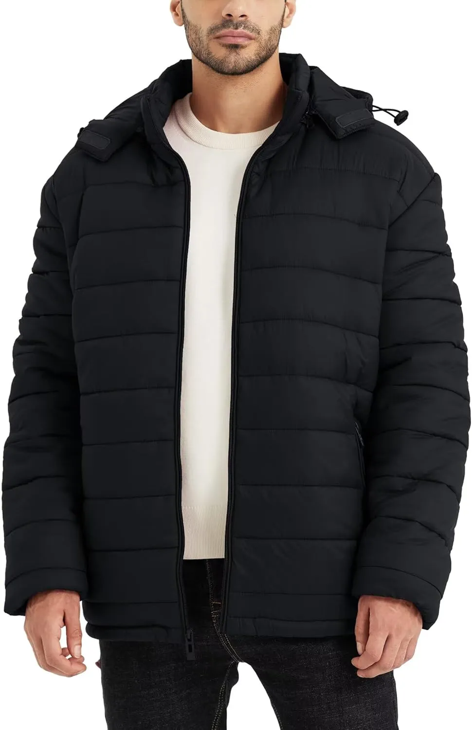 BEST SOUTH Men's Winter Puffer Jacket Hooded Puffy Fleece Warm Lightweight Coat Outerwear Cold Weather