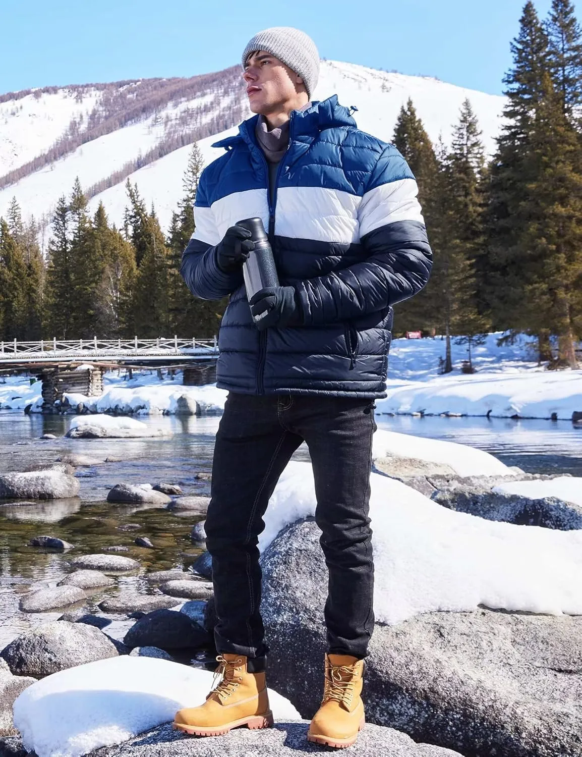 BEST SOUTH Men's Winter Puffer Jacket Hooded Puffy Fleece Warm Lightweight Coat Outerwear Cold Weather