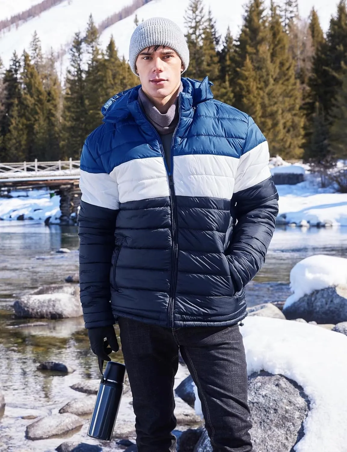 BEST SOUTH Men's Winter Puffer Jacket Hooded Puffy Fleece Warm Lightweight Coat Outerwear Cold Weather