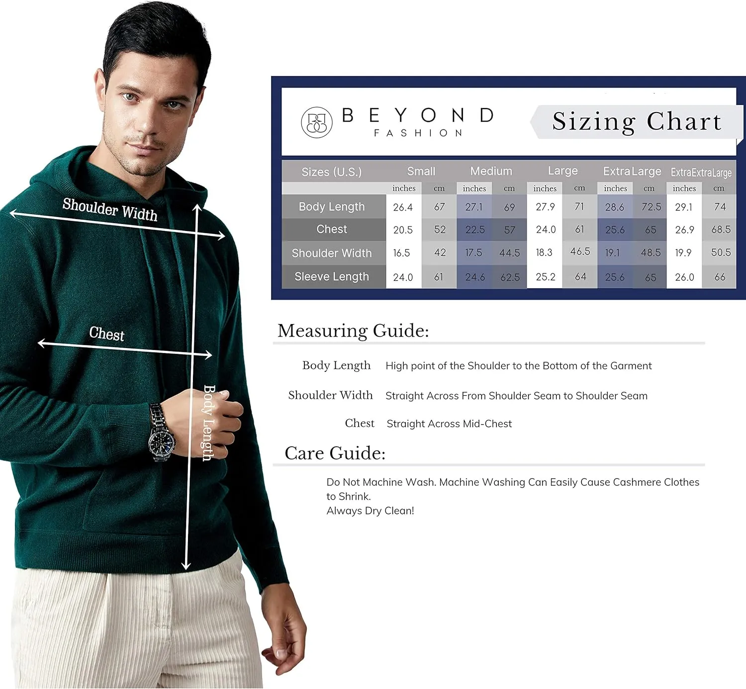BEYOND FASHION Men's Sweater Pocket Hoodie Pullover - 100% Pure Cashmere