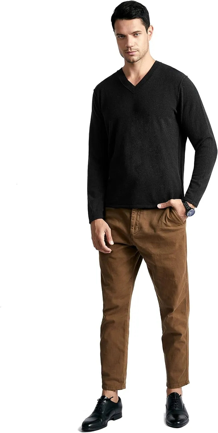 BEYOND FASHION Men's Sweater V Neck Long Sleeve Pullover - 100% Pure Cashmere