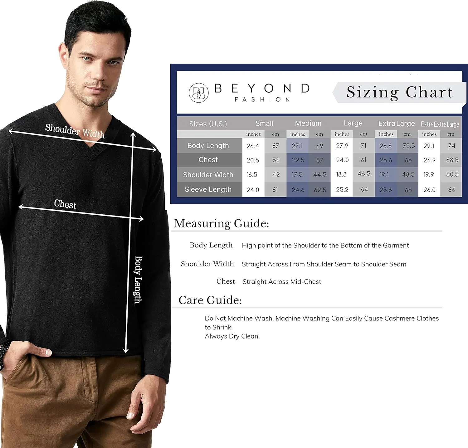 BEYOND FASHION Men's Sweater V Neck Long Sleeve Pullover - 100% Pure Cashmere