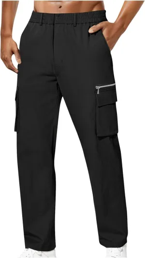 Bidobibo Cargo Pants for Men Slim Fit Elastic Waist Pants with Pockets Tactical Pants Men Stretchy Outdoor Work Trousers