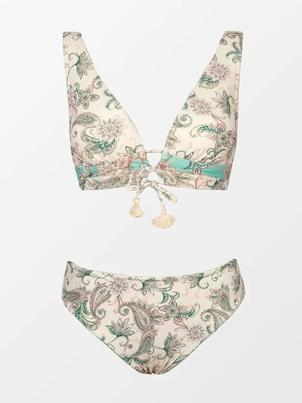 Bikini two-piece deep V-neck strappy sexy mid-waist swimsuit