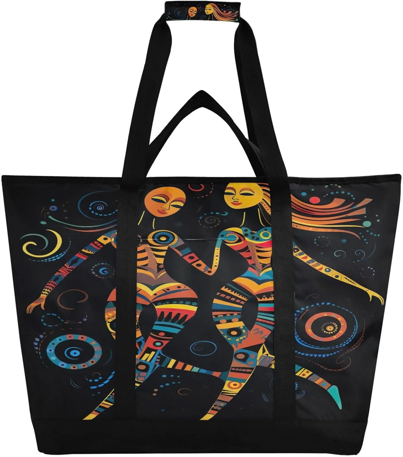Black African Woman Tote Bag for Women with Zipper Reusable Grocery Bags Foldable Insulated Cooler Bag Totes Handbags Shopping Bags for Groceries Beach Travel Picnic Work