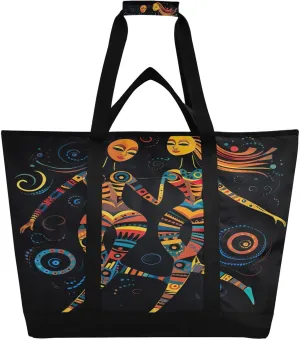 Black African Woman Tote Bag for Women with Zipper Reusable Grocery Bags Foldable Insulated Cooler Bag Totes Handbags Shopping Bags for Groceries Beach Travel Picnic Work