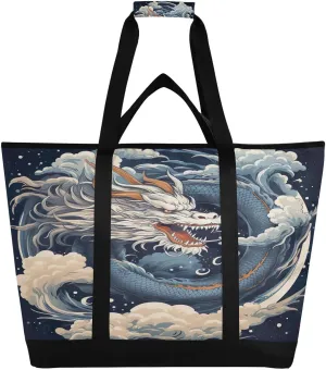Black Dragon Tote Bag for Women with Zipper Reusable Grocery Bags Foldable Insulated Cooler Bag Totes Shopping Bags Handbags for Groceries Picnic Beach Travel Work