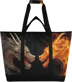 Black Fire Dragon Tote Bag for Women with Zipper Reusable Grocery Bags Foldable Insulated Cooler Bag Shopping Bags Totes Handbags for Groceries Picnic Travel Beach Work