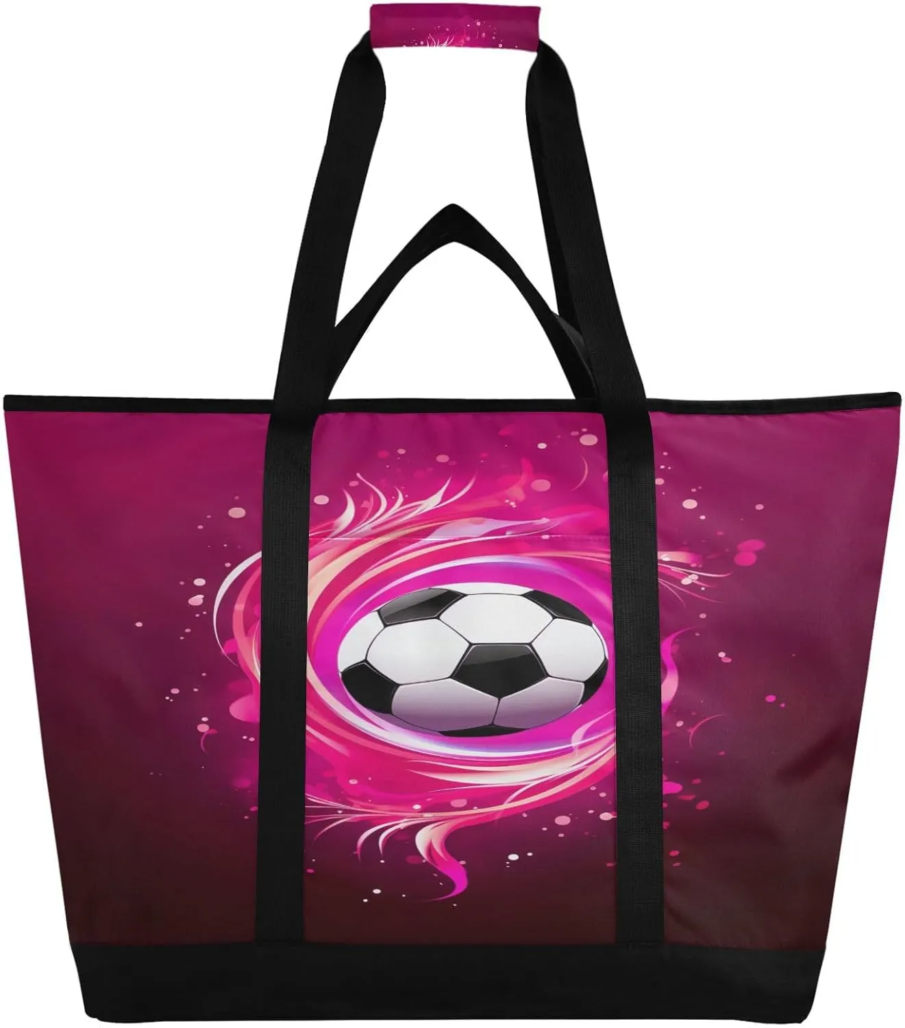 Black Football Soccer Tote Bag for Women with Zipper Reusable Grocery Bags Foldable Insulated Cooler Bag Shopping Bags Handbags Totes for Groceries Beach Travel Work Picnic