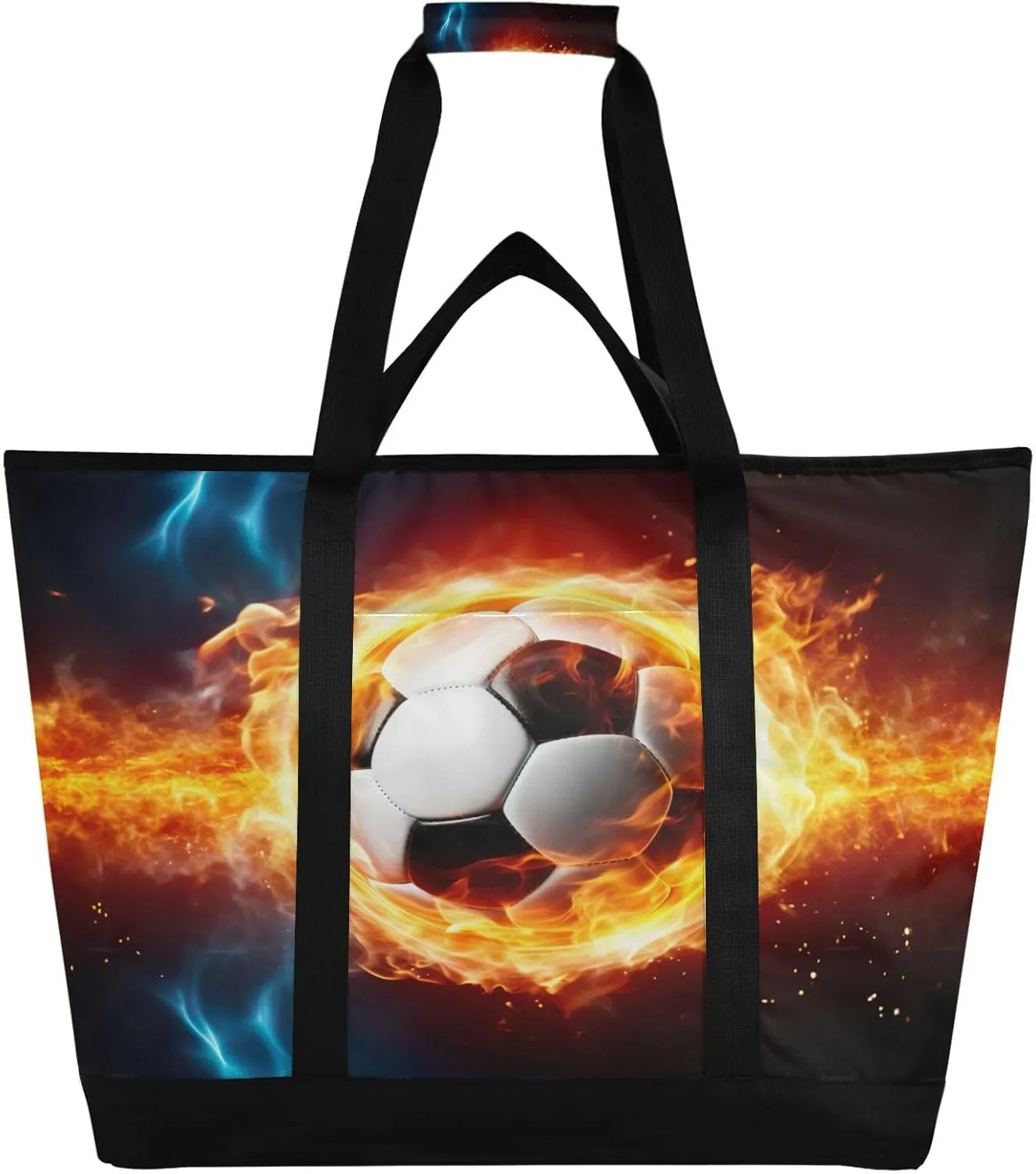 Black Soccer Football Tote Bag for Women with Zipper Reusable Grocery Bags Foldable Insulated Cooler Bag Handbags Shopping Bags Totes for Groceries Beach Picnic Travel Work