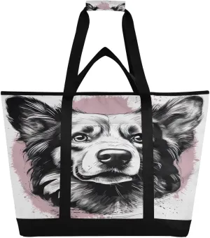 Black White Dog Tote Bag for Women with Zipper Reusable Grocery Bags Foldable Insulated Cooler Bag Shopping Bags Handbags Totes for Groceries Travel Picnic Beach Work