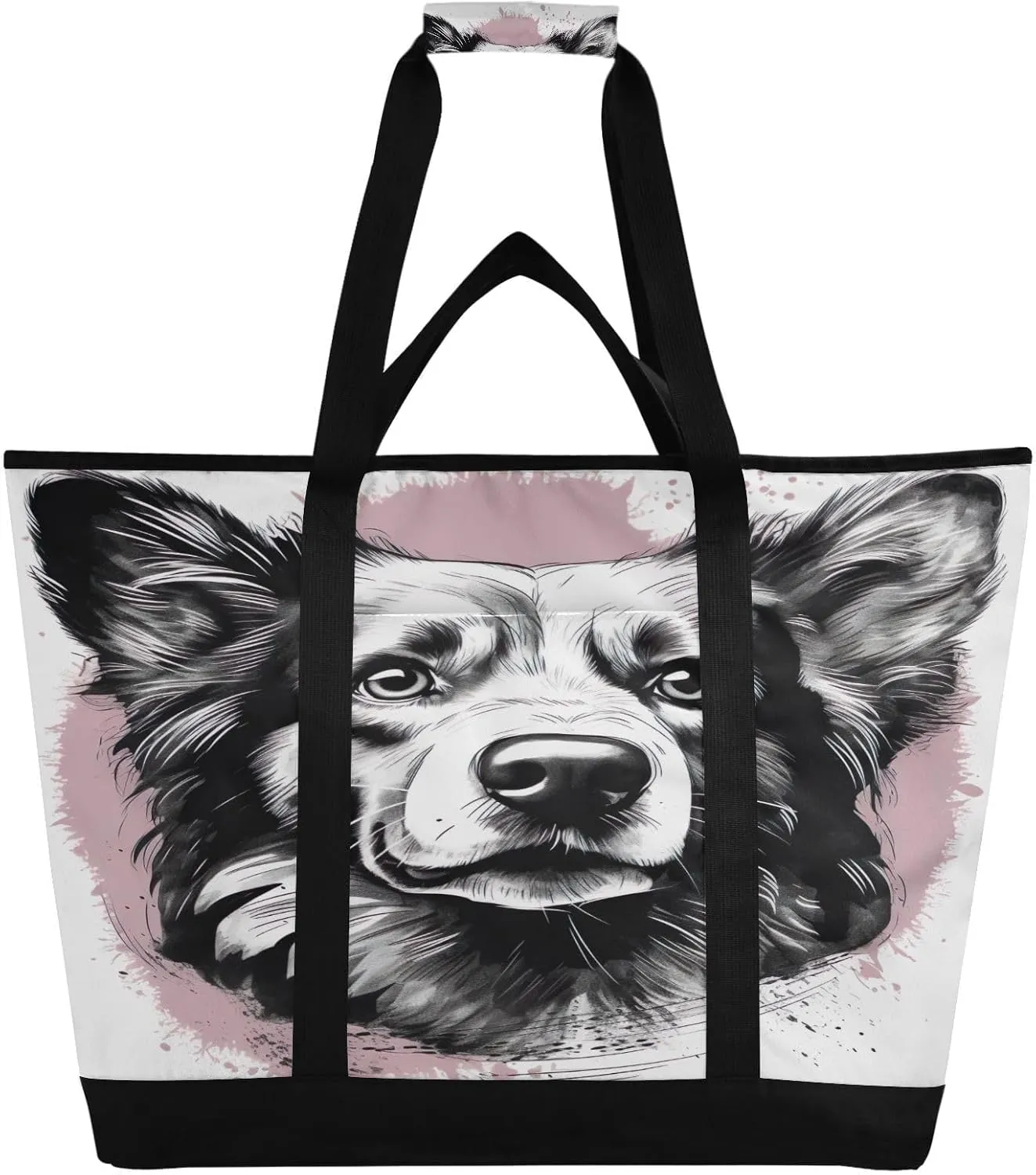 Black White Dog Tote Bag for Women with Zipper Reusable Grocery Bags Foldable Insulated Cooler Bag Shopping Bags Handbags Totes for Groceries Travel Picnic Beach Work