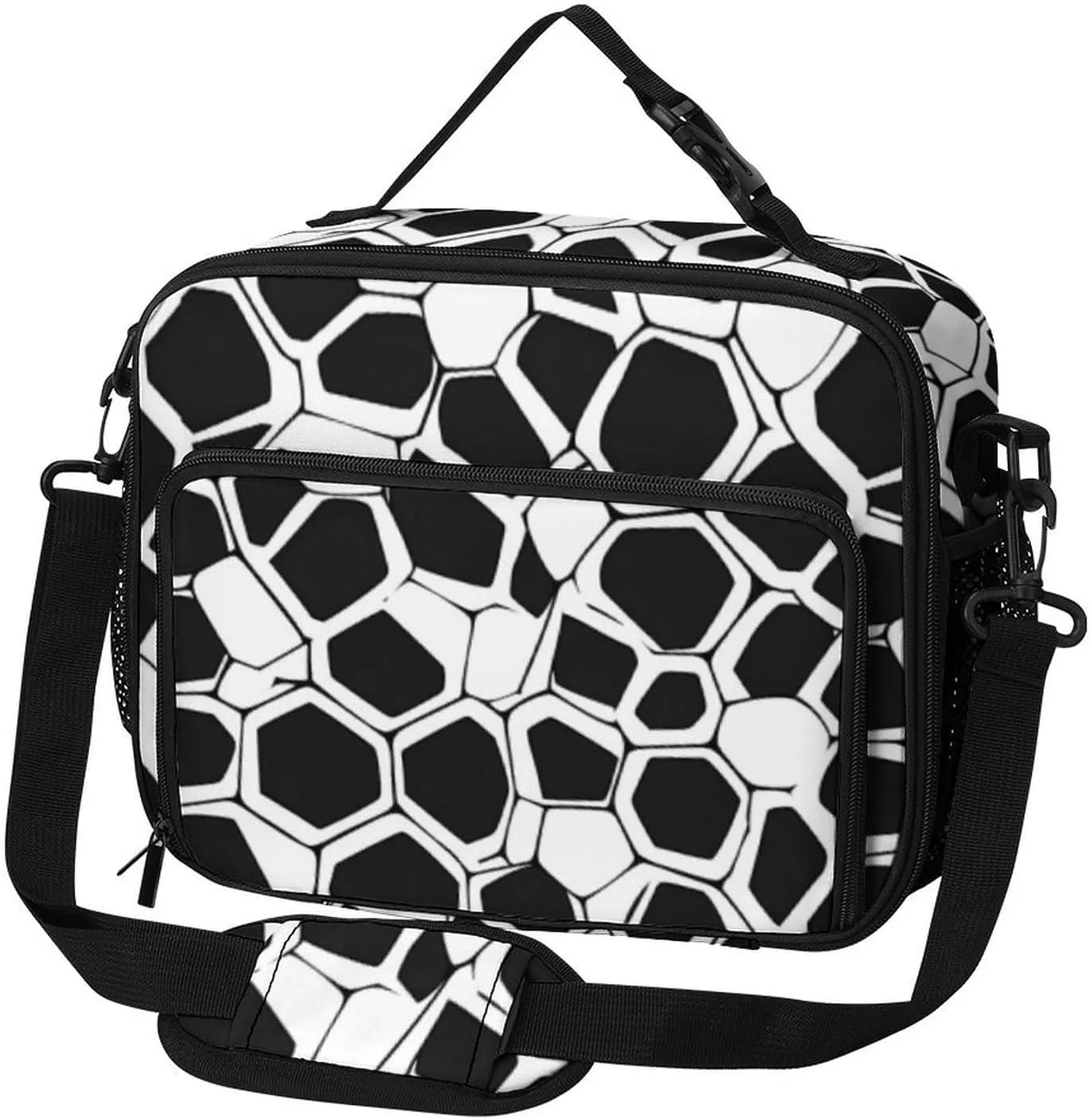 Black White Mosaic Honeycomb Large Insulated Lunch Bag Reusable Lunch Cooler Bags Tote for Work Picnic Outdoor